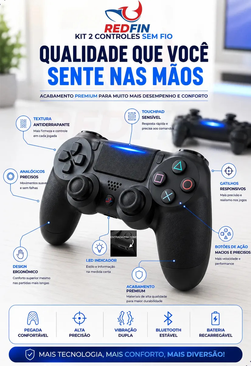 Melhor Kit de Videogame 2 Controle Para Ps4 Sem Fio Redfin Para Ps4 Pc Bluetooth - Imagem 2