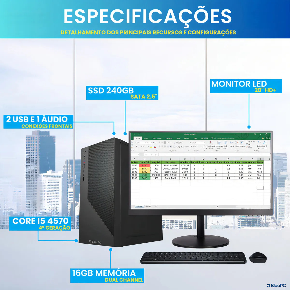 Computador Especial com Bom Preço BluePC Office Intel Core i5 4570 (4ª Geração), 16GB RAM, 240GB SSD, Monitor 20" 75hz HDMI, Windows 10 Pro - CDF-099OF - Imagem 2