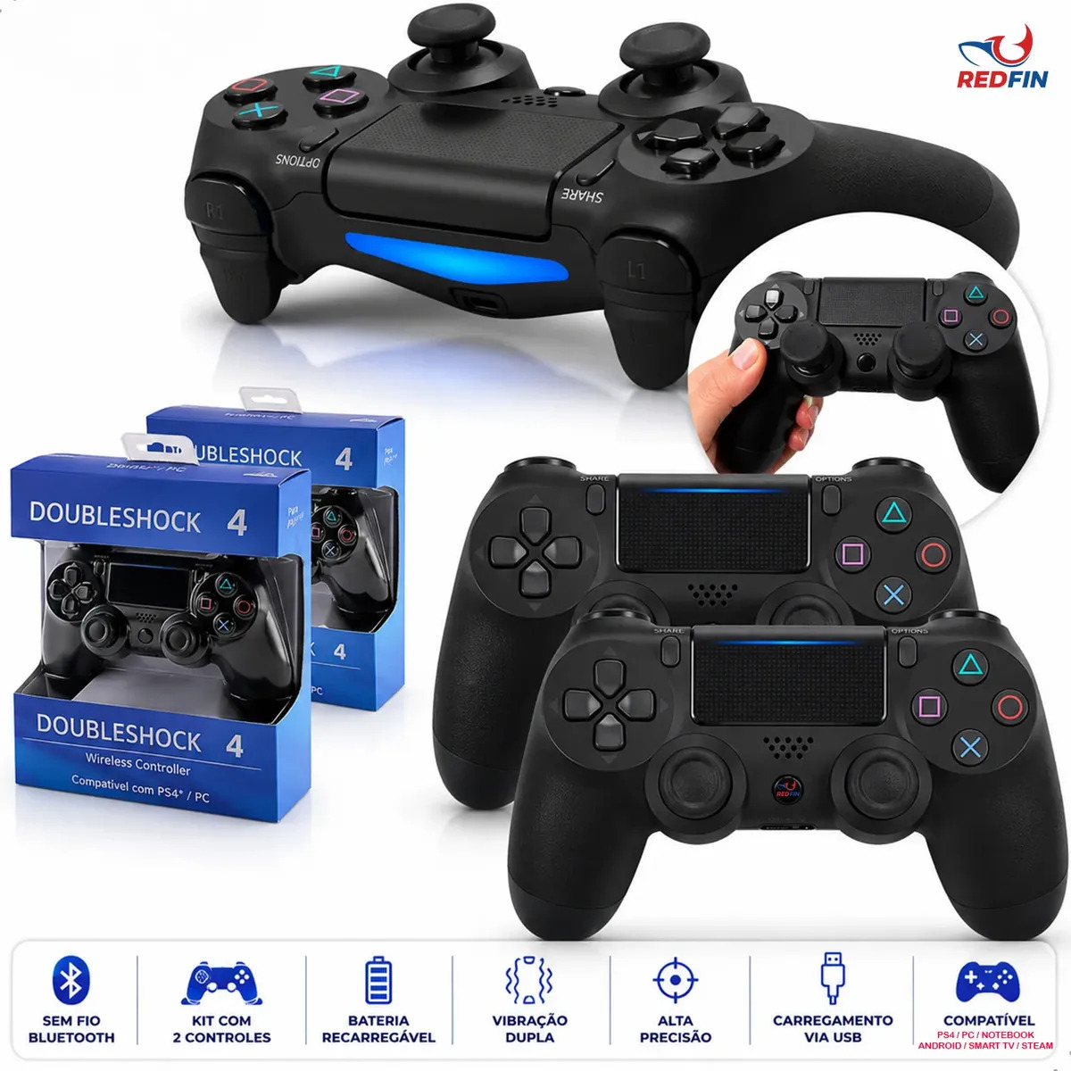 Melhor Kit de Videogame 2 Controle Para Ps4 Sem Fio Redfin Para Ps4 Pc Bluetooth